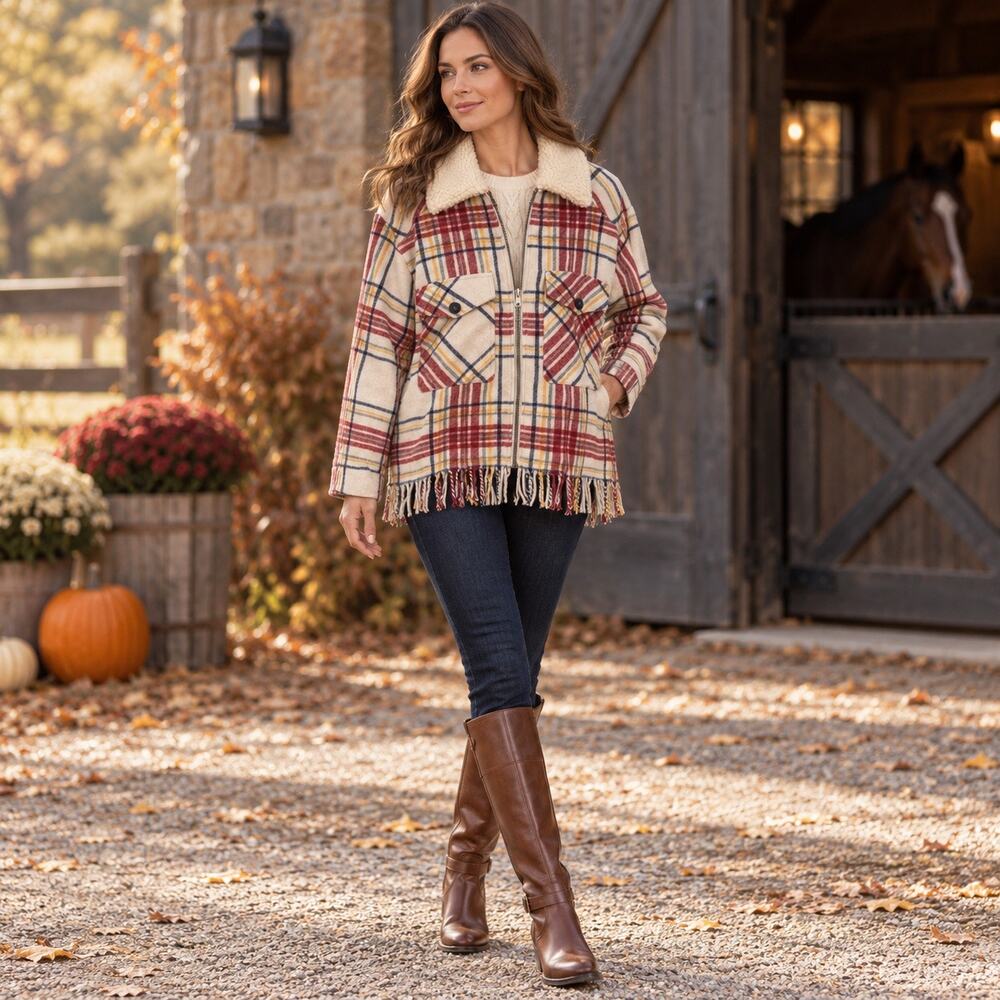 Chaps Plaid Teddy Cream Red Zip Shacket Equestrian Chore Western Women’s Large